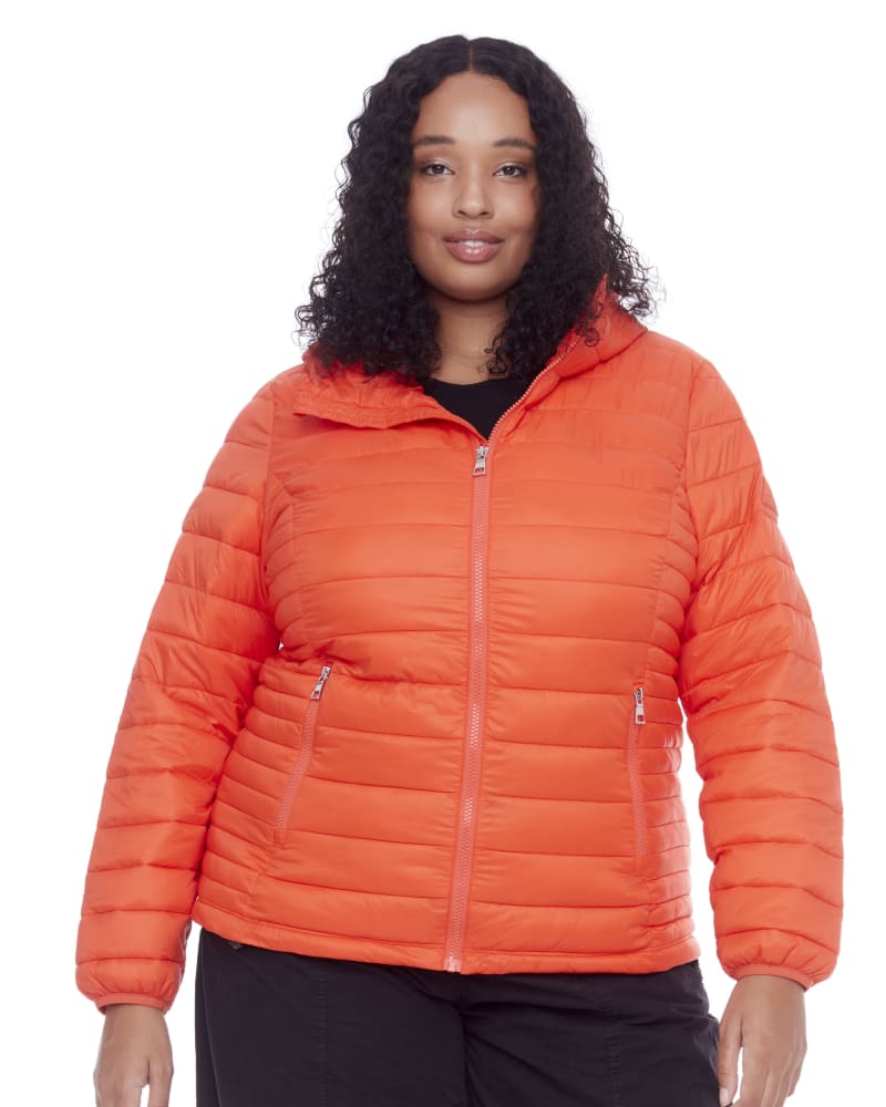 Front of a model wearing a size 1X Women's Plus Size - YOHO | Vegan Down Lightweight Packable Puffer Jacket & Bag in Tangerine by Alpine North. | dia_product_style_image_id:320699